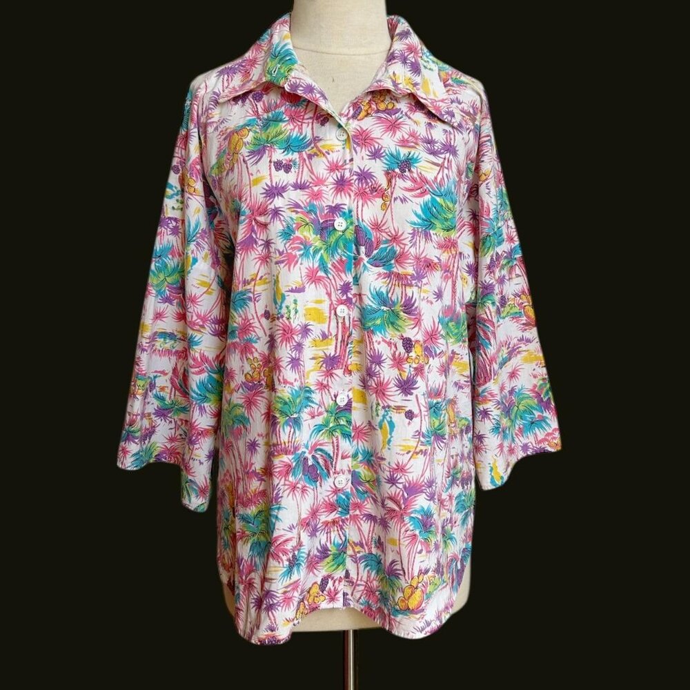 70s 80s vintage floral Hawaiian shirt drop shoulder wide sleeves buttonup.